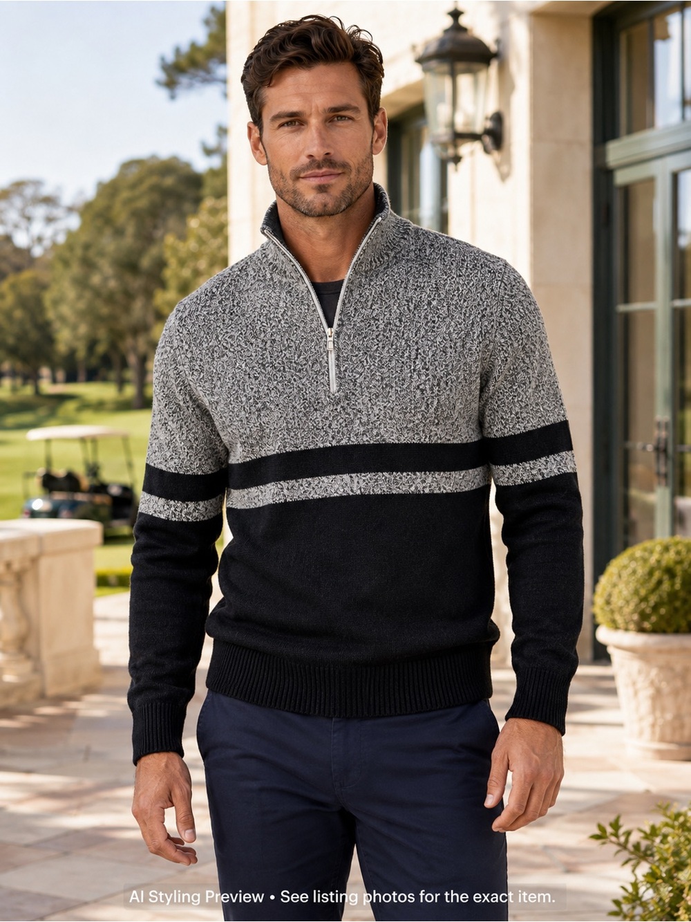 Ralph Lauren Men’s L Black Grey Cotton Quarter Zip Sweater Preppy Golf